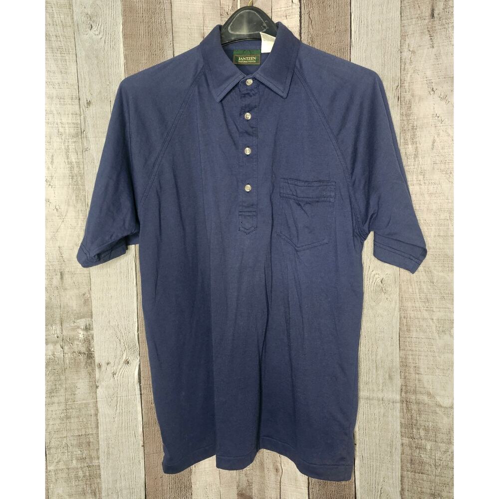 Vintage JANTZEN Natural Touch Polo Cotton Shirt Navy Blue Pocket Men Large Gift
